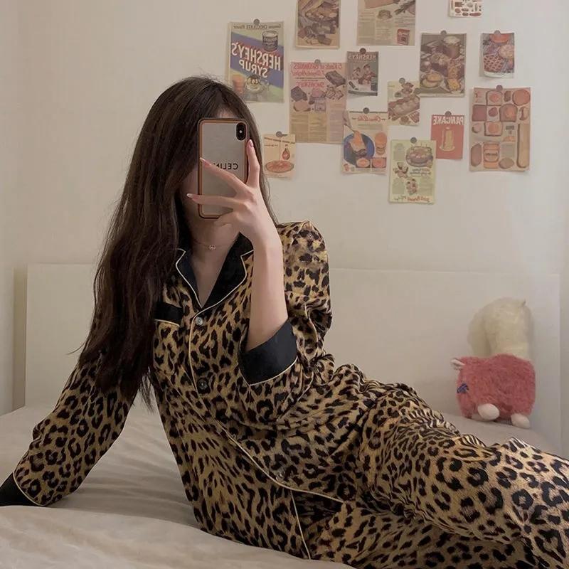 Women's Autumn Winter Sexy Leopard Printing Pajamas Long-sleeved Lapel Loose Homewear Suit Casual Out Wear Pyjamas Set Female Comfortable Nightgowns