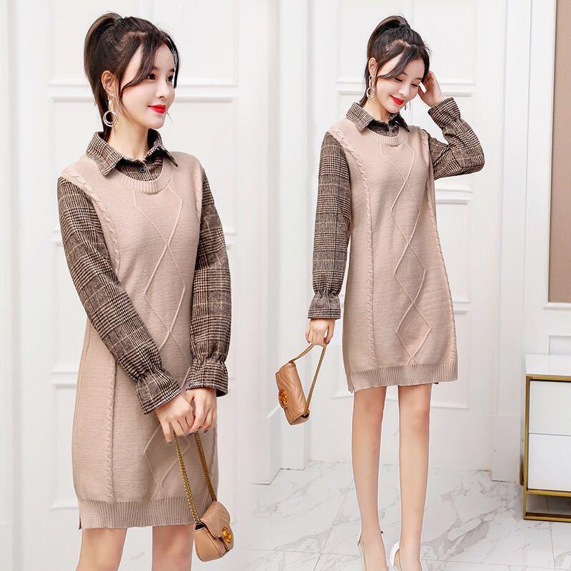 Autumn and Winter Mid-length Loose Sleeveless Sweater Pullover Fake Two-piece Knitted Skirt Bottoming Shirt