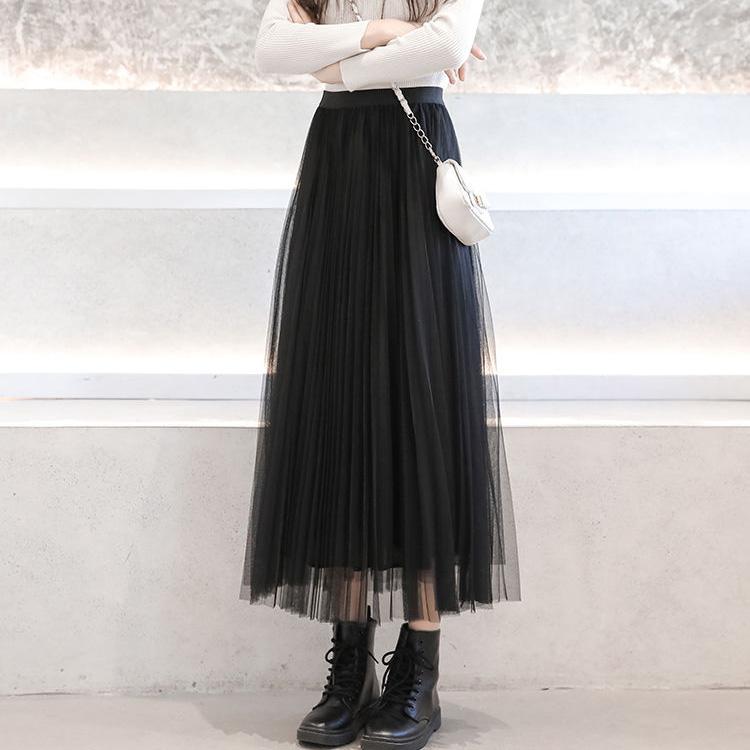 Three Layers Yarn Skirt Woman's Mid-length Elastic Waist High Waist A-line Skirt Pleated Skirt Tender Sexy