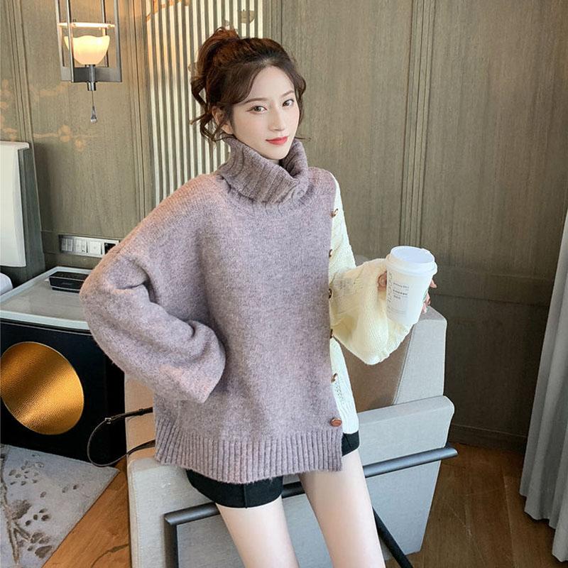 Autumn and Winter Loose Turtleneck Sweater Casual Color Matching Diagonally Buttoned Top Fashion Knitted Women's Jacket
