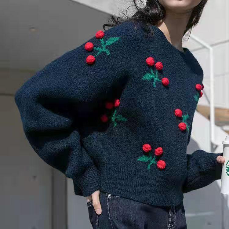 Autumn and Winter Women's Sweater Korean Loose Round Neck Pullover Retro Cherry Pattern Top