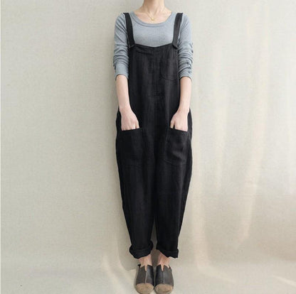 Women Casual Linen Jumpsuits Overalls Pants with Pockets Vintage Linen Harem Pants