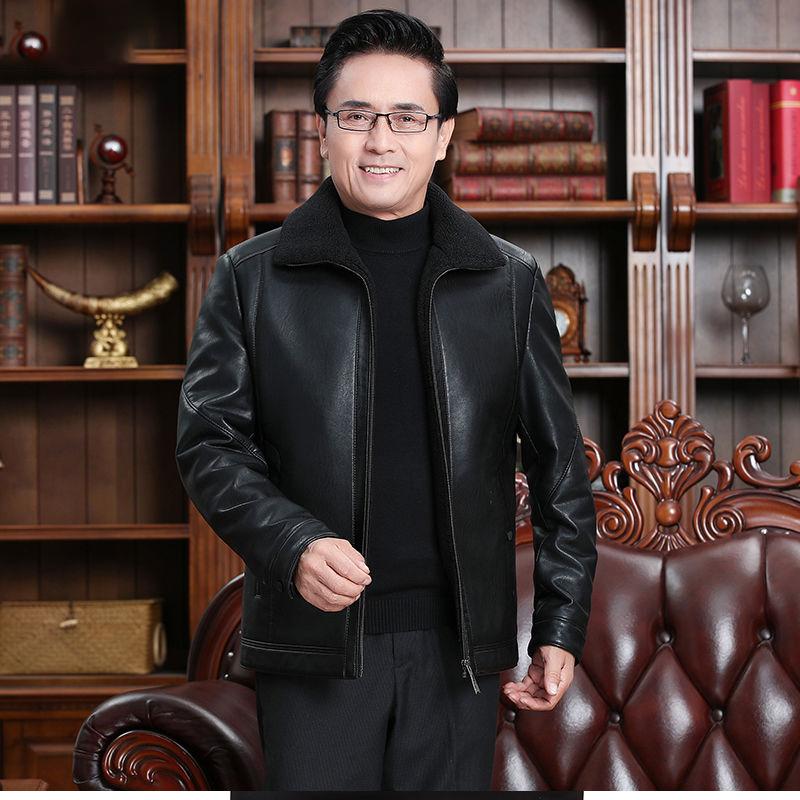 Men's Leather Jacket Clothes Coat Fur One Plus Velvet Thickening Dad Casual Winter Clothes