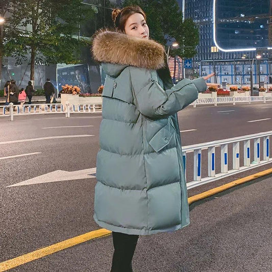 Down Jacket Winter Korean Fashion Big Fur Collar Mid-length Hooded Thick Warm Large Size Jacket Suitable for Women