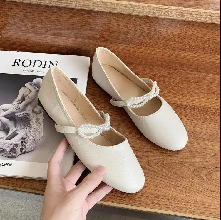 Flat Leather Shoes Women's Pearl Single Shoes Retro Round Toe Mary Jane Word Buckle Shoes Women's Flat Comfortable Round Toe Shoes