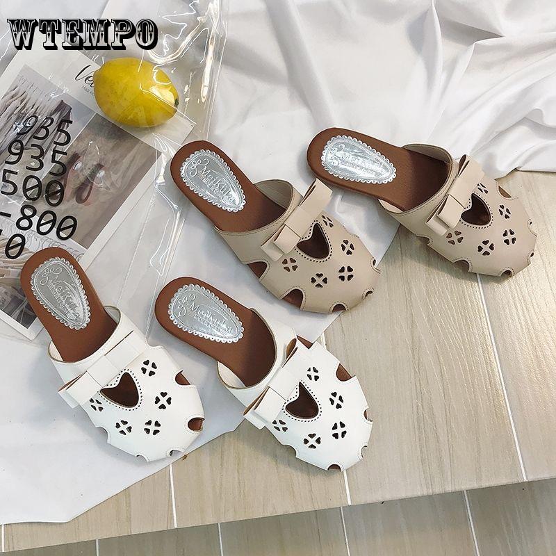 Summer Bow Carved Baotou Flat Bottom Half Drag Student Shoes