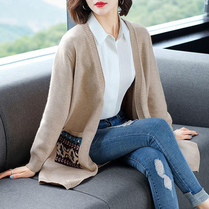 Spring and Autumn Mid-length Knitted Sweater Cardigan Loose All-match Jacket Simple Embroidered Female Jacket