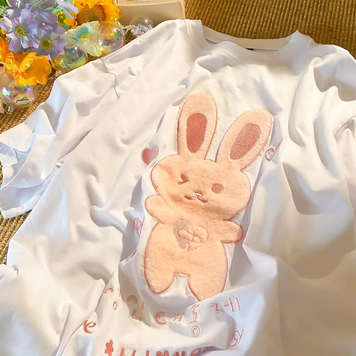 Rabbit Embroidery Cotton Women's Summer Round Collar  Tees Loose Breathable Short Sleeve Harajuku All-match T Shirt Tops