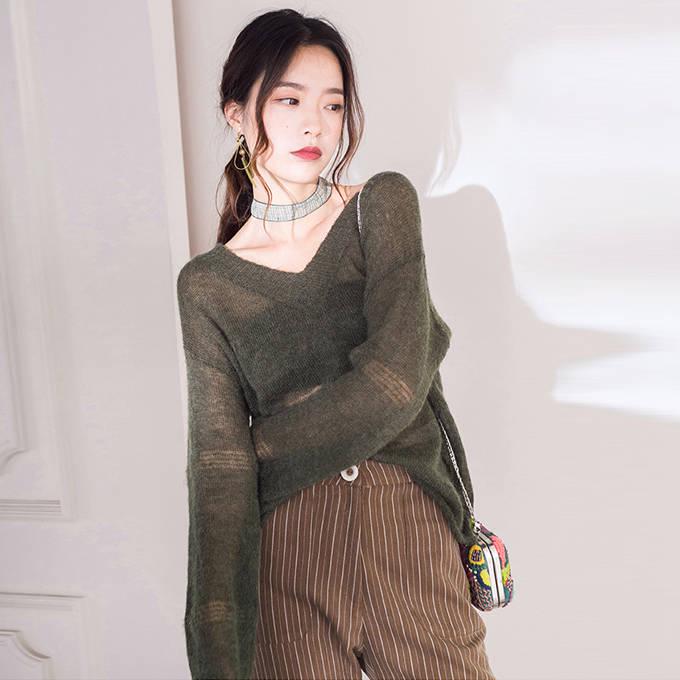 Pofulove Mohair Sweater Hedging Thin Perspective Sexy Lady Hollow Long-sleeve Bottoming Knitwear