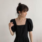 Women's Summer Simple French Retro Elegant Gentle Square Neck Bubble Sleeve Waist Long Solid Color Dress