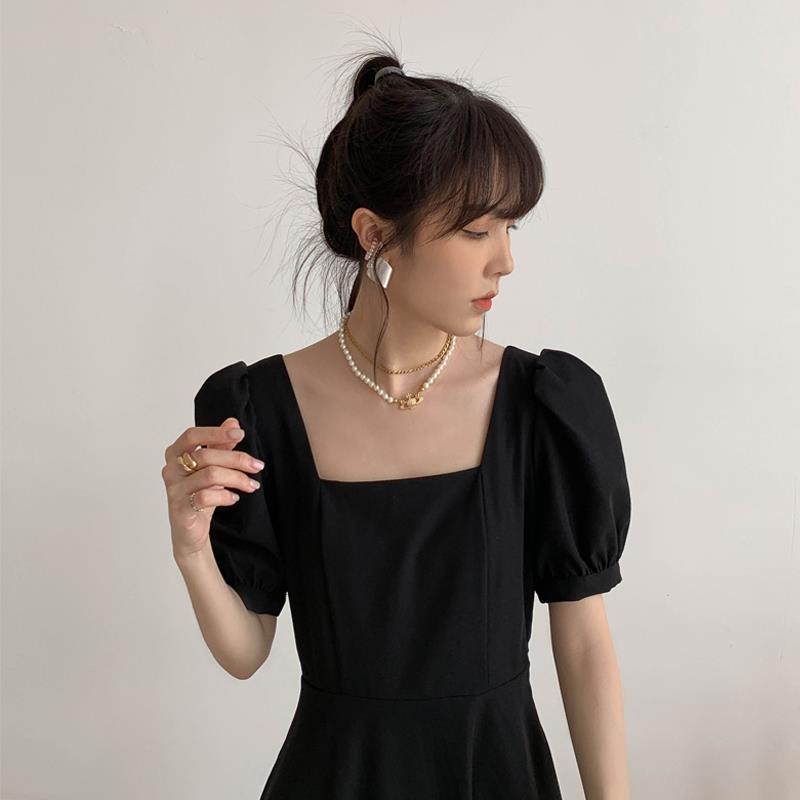 Women's Summer Simple French Retro Elegant Gentle Square Neck Bubble Sleeve Waist Long Solid Color Dress