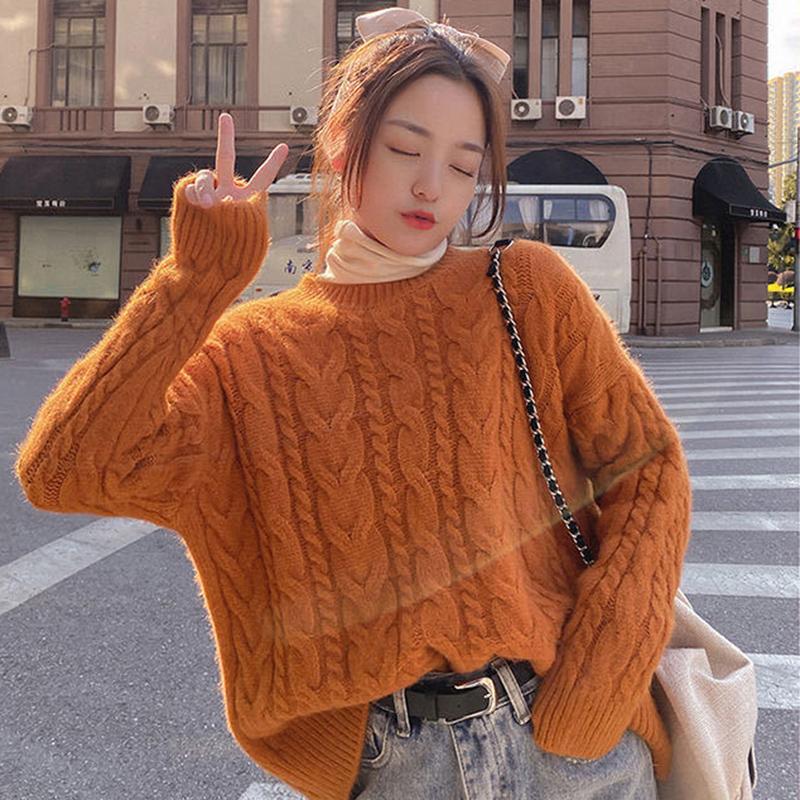Thick Sweater Women Knitted Ribbed Pullover Sweater Long Sleeve Round Neck Jumper Soft Warm Autumn Winter