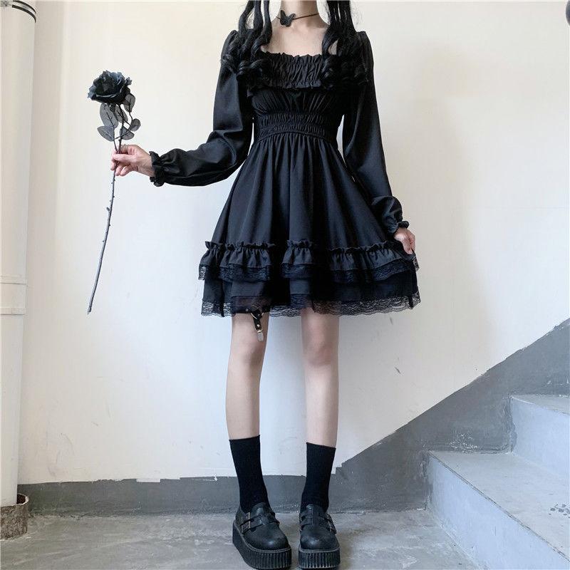 Gothic Women Black Party Dress Cross Square Collar Lolita Princess Irregular Dress Cute Lace Ruffles Chic Dress