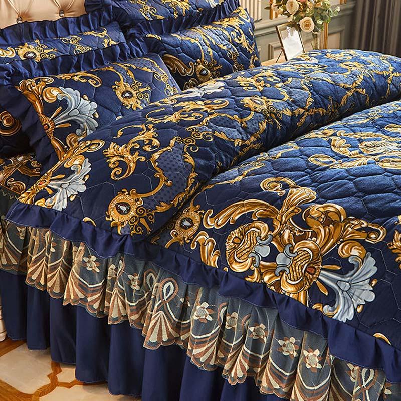 Crystal Velvet Bed Skirt Bed Sheet and Pillowcase Four-piece Thickening and Cotton Bedding Set Court Style
