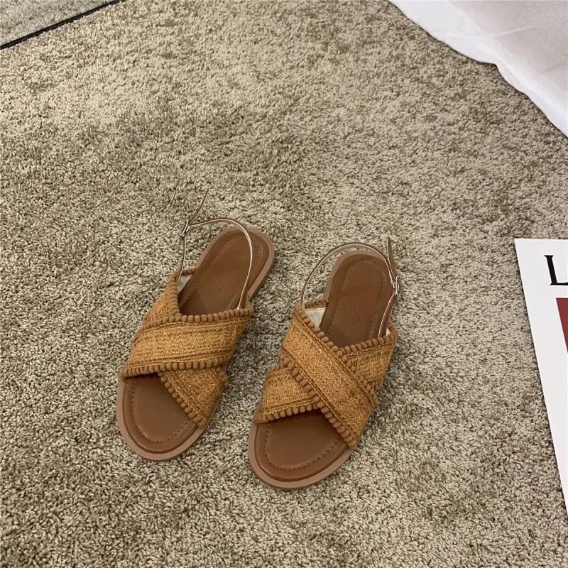 Ethnic Style Sandals Women's Summer Flat All-match Bohemian Sandals Students Cross Strap Roman Shoes Breathable Beach Sandals