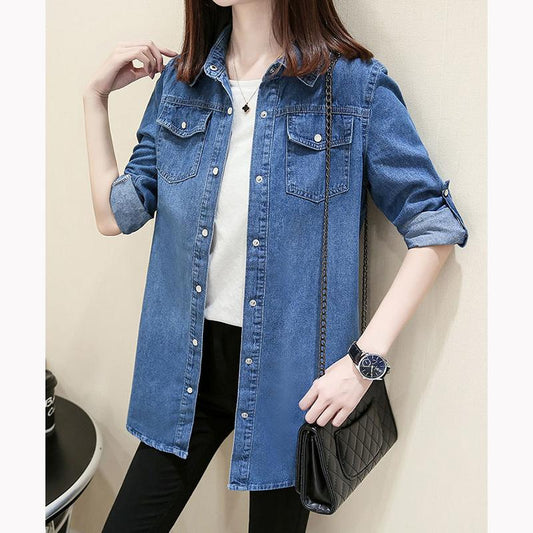 Denim Shirt Thin Jacket Women's Long-sleeved Loose Shirt Jeans Jacket Mid-length Spring Bottoming Shirt Large Size