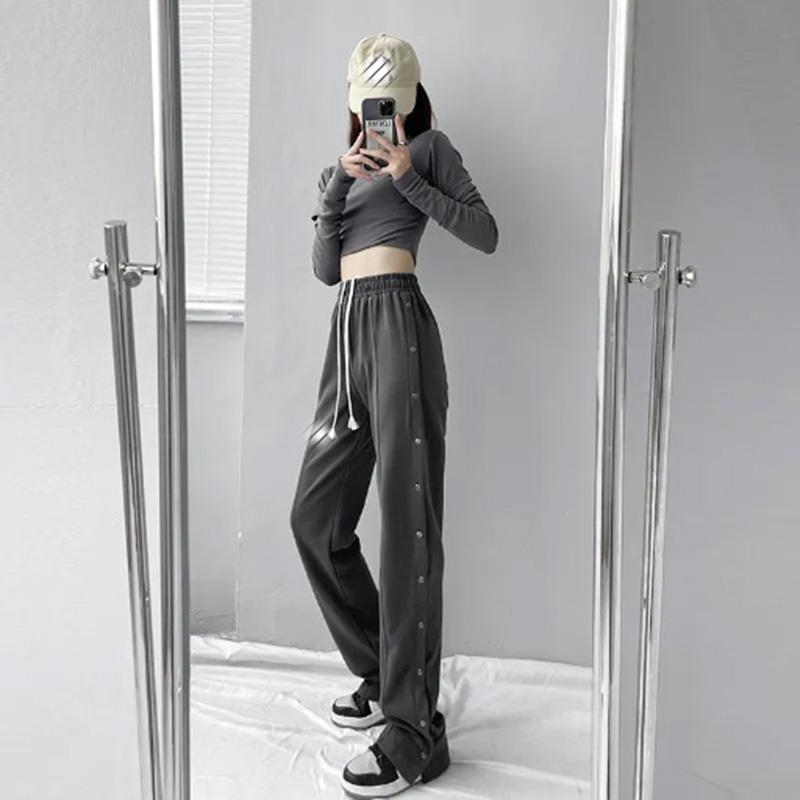 Sweatpants Women's Spring and Autumn Side Breasted Trousers Loose Straight Button Casual Sports Pants