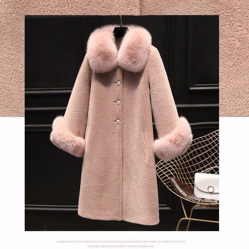 Autumn and Winter New Faux Sheep Shearling Coat Women Mid-length Faux Fox Fur Collar Loose Grain Fleece Faux Fur Coat
