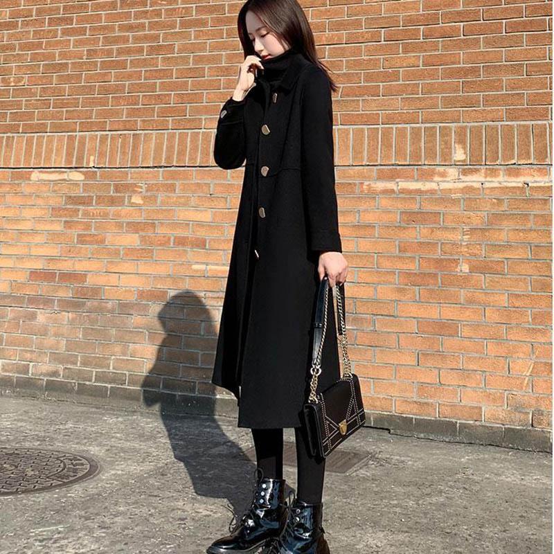 Autumn and Winter Large Size Black Woolen Coat Women's Long Over-the-knee Woolen Coat Loose Thick Coat