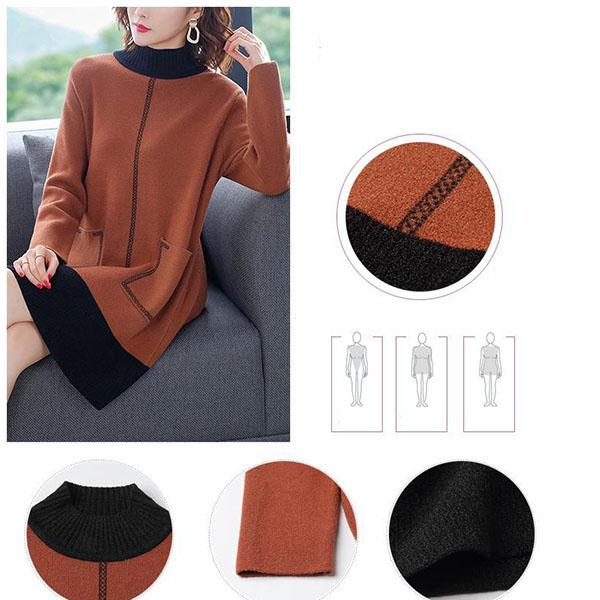 Autumn Winter High Quality Contrast Color Sweater Dress Women Knit Dress Long Loose Pullover Sweater Dress with Pockets for Inner or Outer Wear