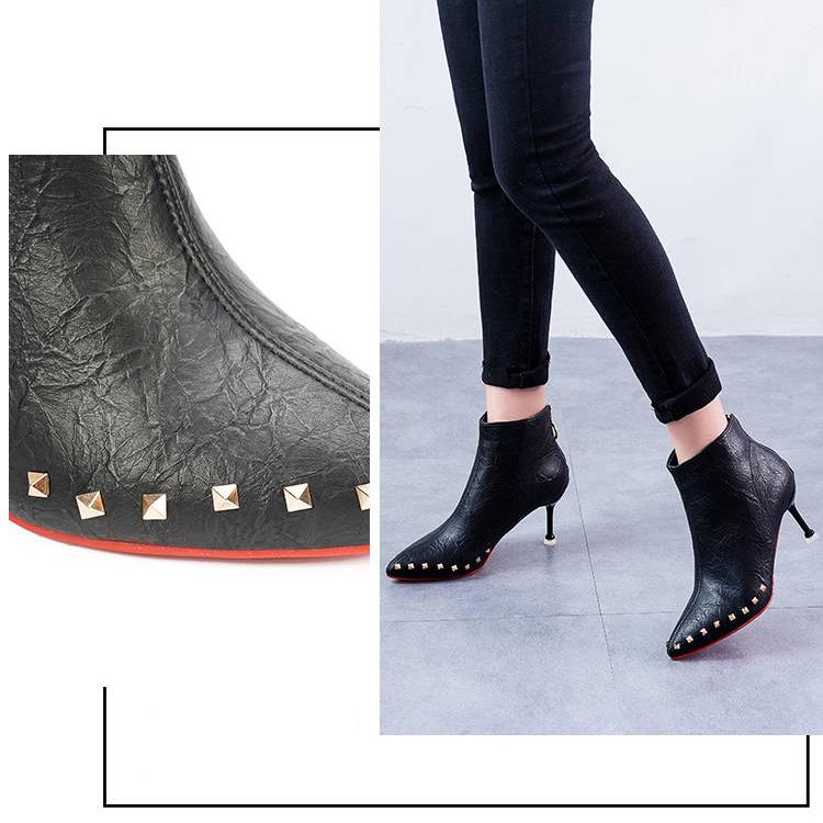 Women Pointed Toe Thin High Heels Ankle Boots Woman Party Shoes Rivets Sexy Booties