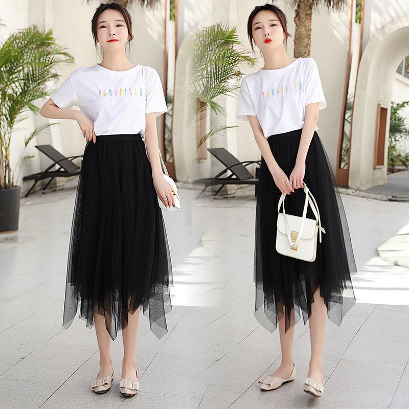 Gauze Skirt Women's Spring and Summer Style Drape Irregular Puffy Mid-length Black Mesh Skirt