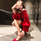 Red Banquet Dress Skirt Female Temperament Sexy Off-shoulder Collar Neckband Waist Slimming Dress