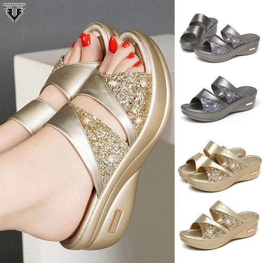 Bling Slipper Woman Shoes Ladies PU Leather Wedges Flat Shoes Female Casual Slingbacks Sandals Comfortable Platform
