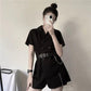 Cool Girl Black Belt Dress Women's Summer Dress Short Sleeve Turn-down Collar Knee-length Daily Wear Office Dating Party