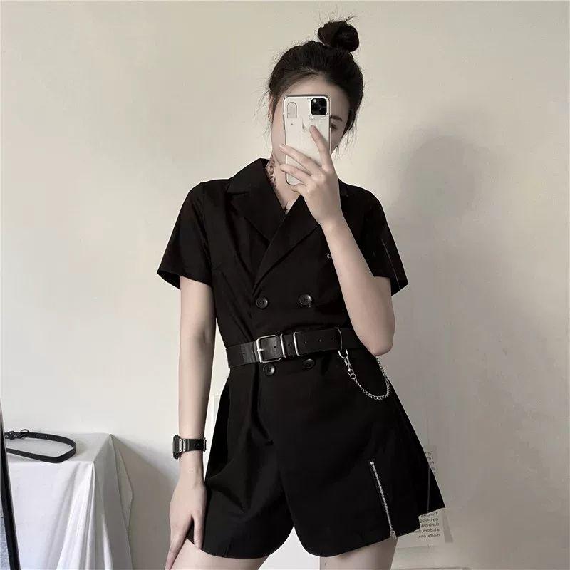 Cool Girl Black Belt Dress Women's Summer Dress Short Sleeve Turn-down Collar Knee-length Daily Wear Office Dating Party