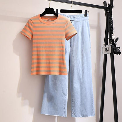Women Casual Tops Pant 2 Piece Suit Summer Knitted Striped T-shirt Jeans Two-piece
