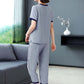 Ladies Embroidered Suit Summer Short Sleeve Pants Top Two Piece Set Casual Loose Homewear Outer Wear Suit Asymmetric Stitching T-Shirt Trousers