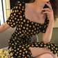 Women's Summer Floral Dress Square Neck Puff Sleeves Thin Mid-Length Skirt