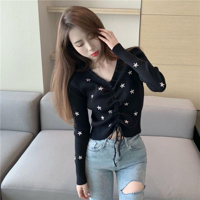 V-neck Slim Long-sleeved Knitted Bottoming Shirt Women Thickened Autumn and Winter Drawstring Ladies Sweater Top