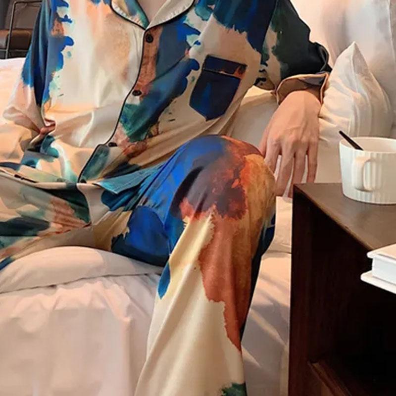 Pajamas Men's Spring and Summer Ice Silk Thin Long-sleeved Suits Spring and Autumn Silk Men's Simulation Silk Summer Home Clothes
