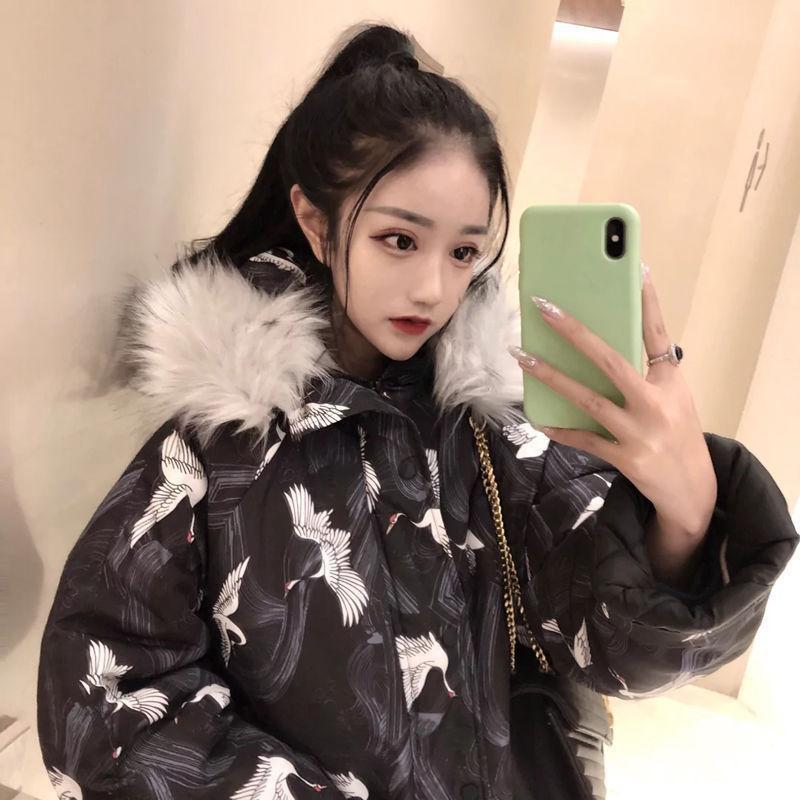 Women's Cotton-padded Jacket Winter Loose Wild Thin Thick Crane Cotton-padded Jacket Padded Jacket Fluffy Fur Collar Hooded Down Jacket Padded Jacket