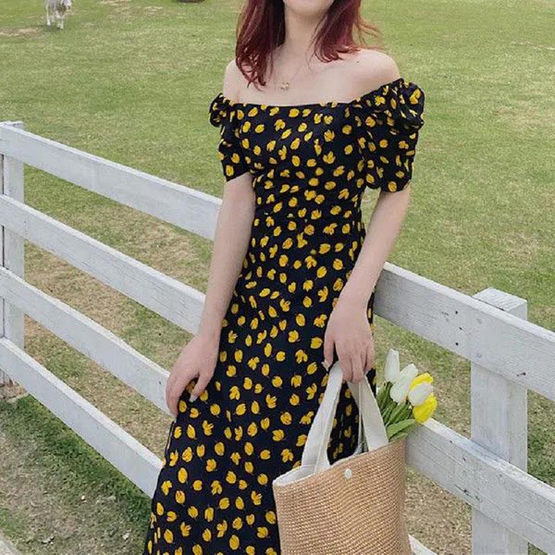 Women's Summer Floral Dress Square Neck Puff Sleeves Thin Mid-Length Skirt