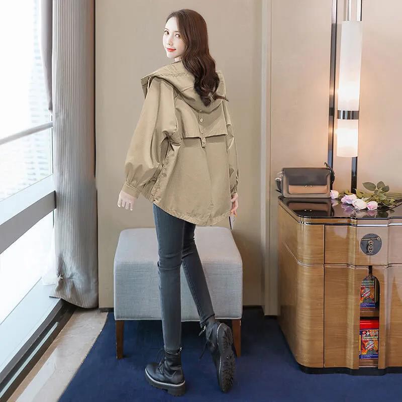 Double Layer Lining Windbreaker Women's Spring and Autumn Style Waist Loose Casual Hooded Raincoat Jac