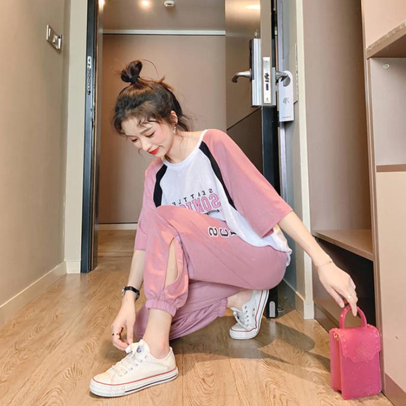 Cute Casual Sportswear Suit Female Summer Two-piece Suit Loose Cool Round Neck Short-sleeved T-shirt + Loose Sports Pants Fabric Light and Breathable