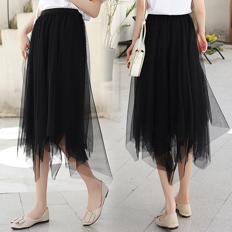Gauze Skirt Women's Spring and Summer Style Drape Irregular Puffy Mid-length Black Mesh Skirt