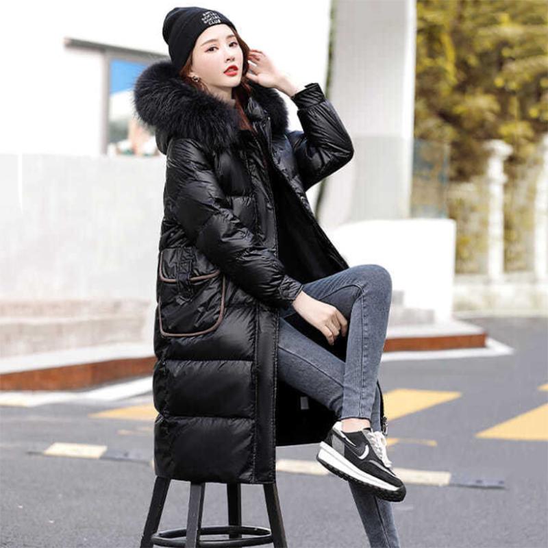 Women's Glossy Loose Down Jacket Mid-length Korean Thick Coat Warm Cotton Coat with Big Fur Collar Winter Quilted Jacket