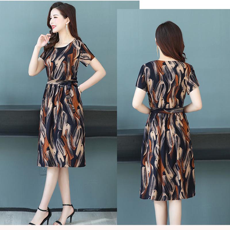 Women's Summer Dress Middle-aged Mother Cotton Short Sleeve Round Neck Printing Mid-length Daily Wear