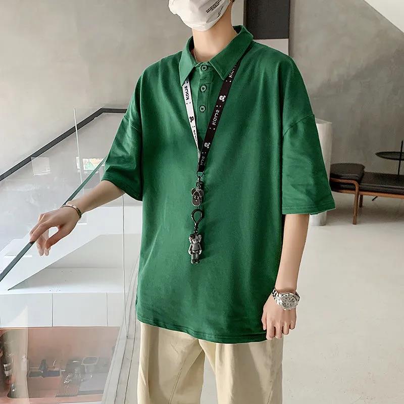 Short-sleeved T-shirt Boys Summer Loose Wild Student Half-sleeved   Shirt Ins Trend Solid Color Lapel Top