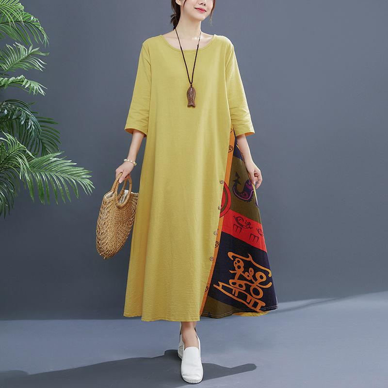 Cotton and Linen Dress Women Spring and Summer Round Neck 3/4 Sleeve Ethnic Style Stitching Large Size Dress