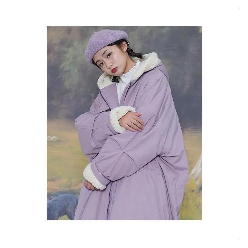 Korean Version of The Loose Padded Jacket for Female Students with Lamb Wool Padded Over-the-knee Padded Jacket