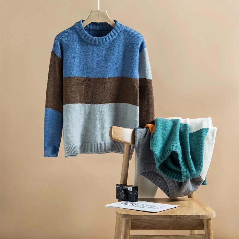 Men's Autumn and Winter Sweater Pattern Stitching Loose, Casual Men's Round Neck Pullover Type