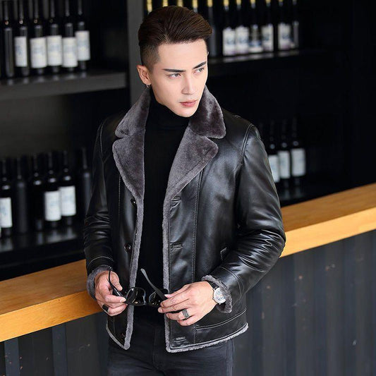 Fur One Leather Jacket Men's Lapel Short Sheep Leather Jacket Plus Velvet Thick Slim Winter Coat