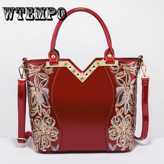 Shoulder Bag Embroidered Bright Portable Handbags Patent Leather Women Shoulder Bag