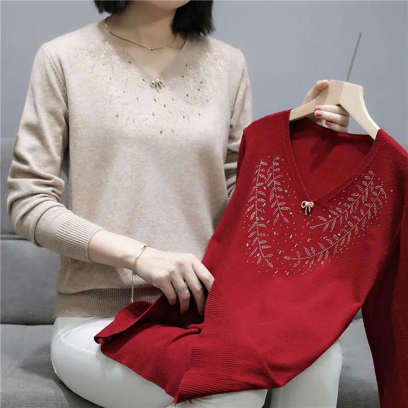 Women's Bow Knot Diamond V-Neck Sweater Solid Color Loose Pullover Long Sleeve Knit Sweater