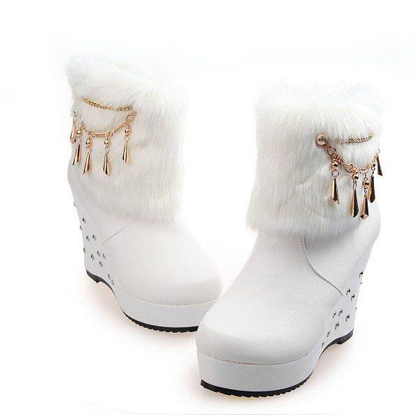 Women's Winter Thick Soled High Heel Short Boots Simulated Rabbit Hair Women's Boots Waterproof Wedged-heel Snow Boots
